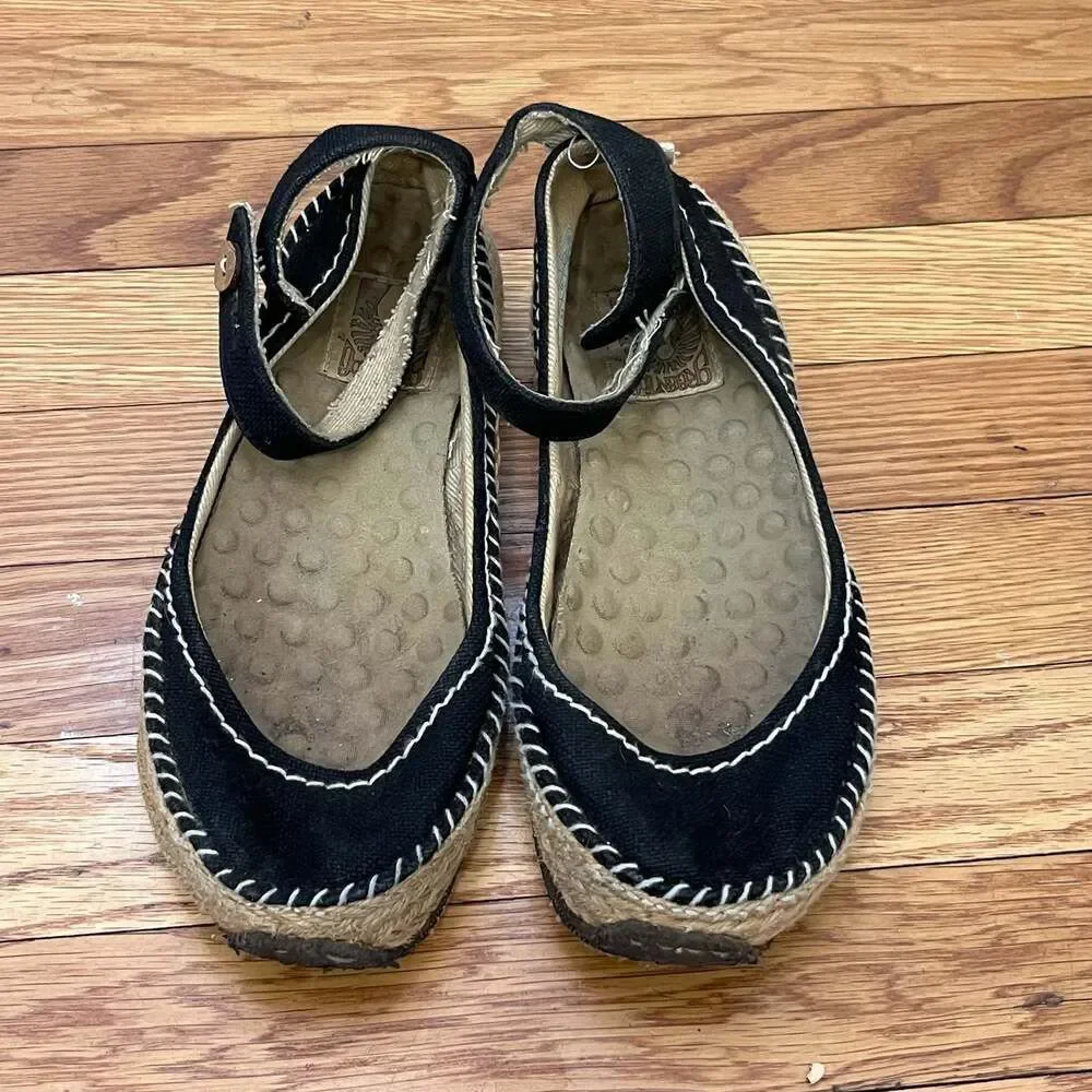 Simple GreenToe Black Canvas Espadrille Ankle Strap Flats Shoes Size 7 Boho